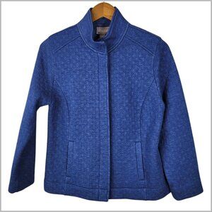 Chicos Size 0 Small Quilted Jacket Cardigan Sweatshirt Blue Snap Up Warm Womens